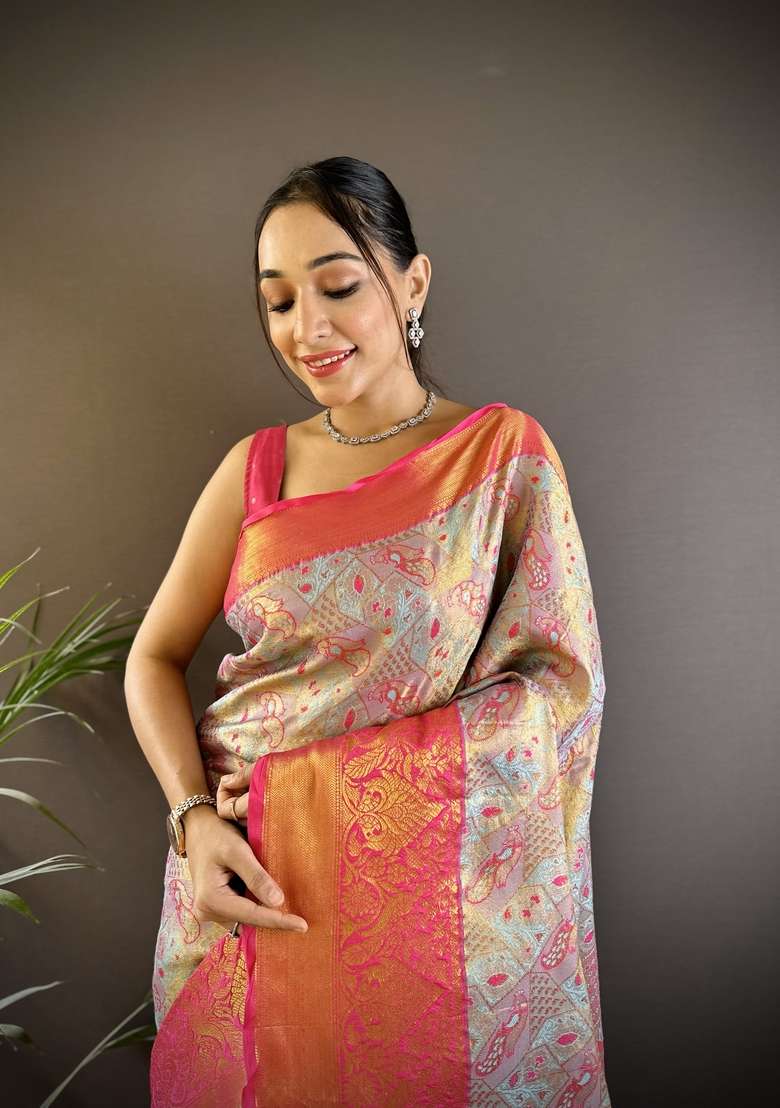 Light Green Zari Work Silk Blend Saree Set for Diwali and Festive Wear - Indya