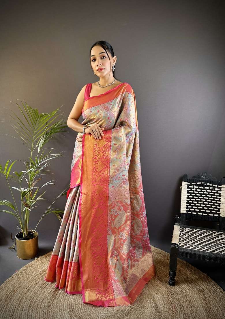 Light Green Zari Work Silk Blend Saree Set for Diwali and Festive Wear - Indya