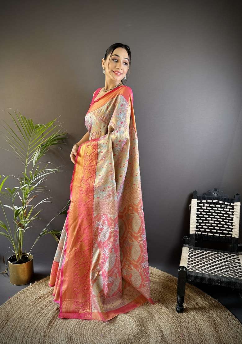 Light Green Zari Work Silk Blend Saree Set for Diwali and Festive Wear - Indya