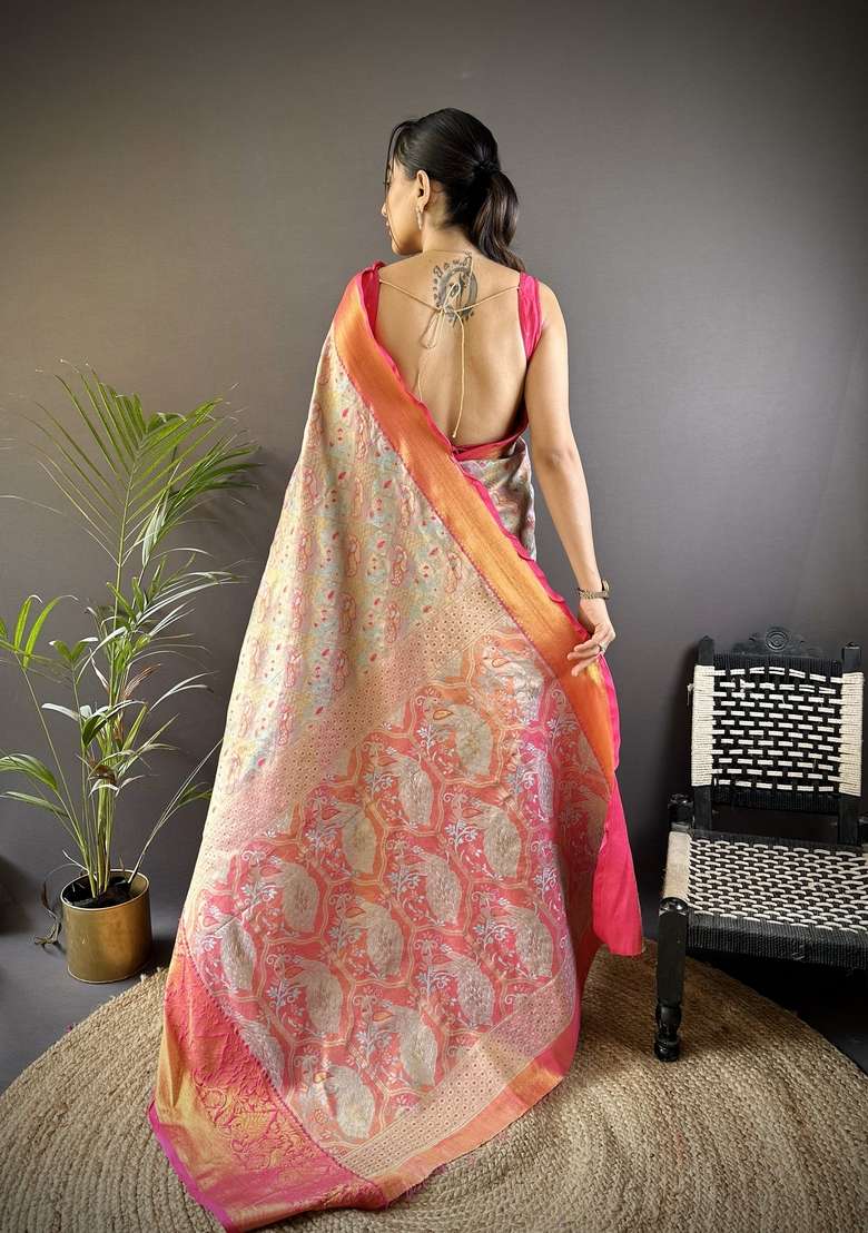 Light Green Zari Work Silk Blend Saree Set for Diwali and Festive Wear - Indya