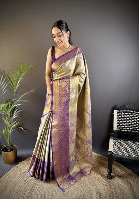 Yellow Zari Work Silk Blend Saree Set