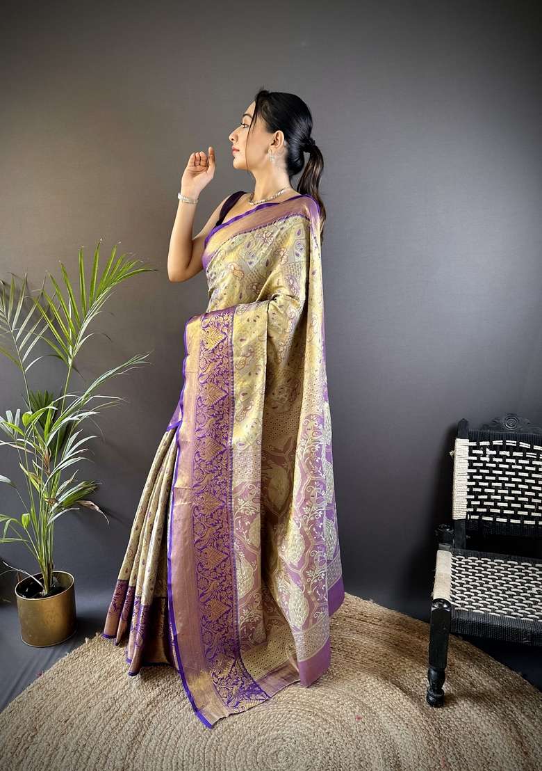 Yellow Silk Blend Saree Set with Zari Work for Diwali | Wedding & Festive Wear - Indya