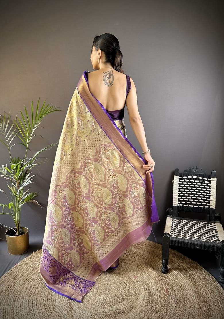 Yellow Silk Blend Saree Set with Zari Work for Diwali | Wedding & Festive Wear - Indya