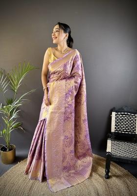 Light Baby Pink Zari Work Silk Blend Saree Set