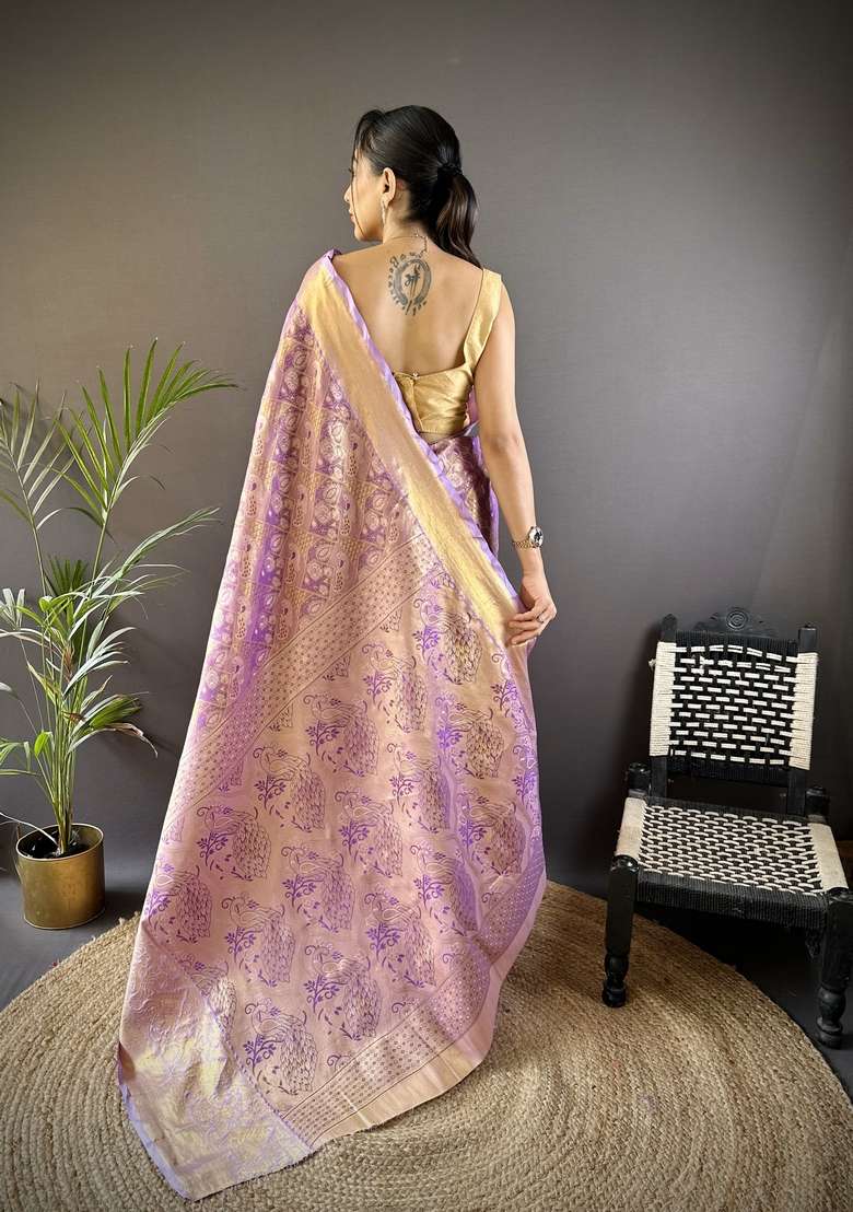 Light Baby Pink Silk Blend Saree Set with Zari Work for Diwali | Wedding & Festive Wear - Indya