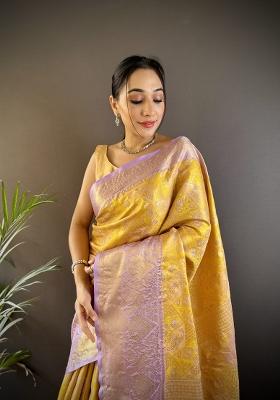 Yellow Zari Work Silk Blend Saree Set