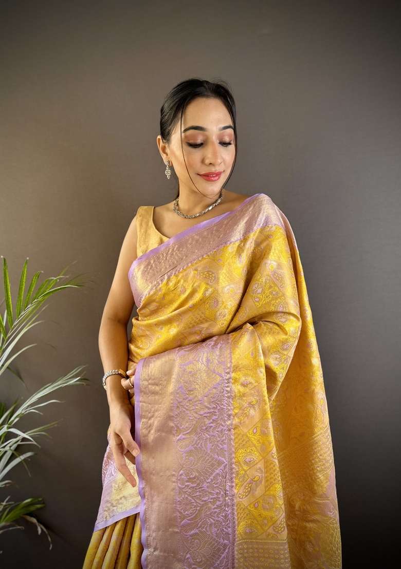 Yellow Silk Blend Saree Set with Zari Work for Diwali | Wedding & Festive Wear - Indya