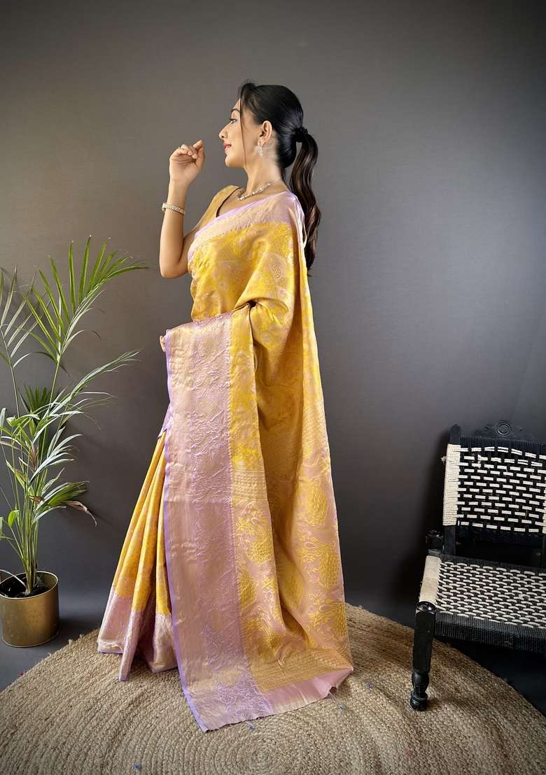Yellow Silk Blend Saree Set with Zari Work for Diwali | Wedding & Festive Wear - Indya