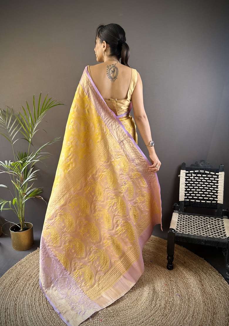 Yellow Silk Blend Saree Set with Zari Work for Diwali | Wedding & Festive Wear - Indya