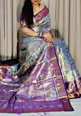 Royal Blue Zari Work Silk Blend Saree Set