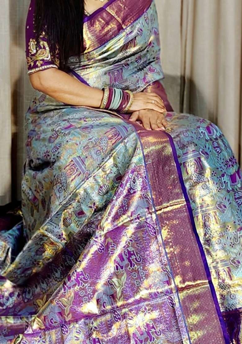 Royal Blue Silk Blend Saree Set with Zari Work for Diwali | Wedding & Festive Wear - Indya