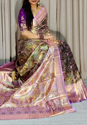 Mehendi Zari Work Silk Blend Saree Set