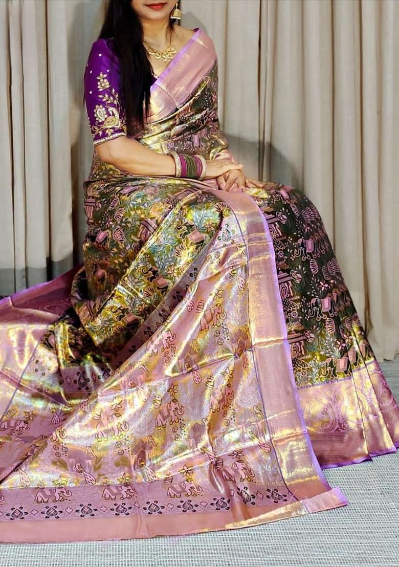 Mehendi Silk Blend Saree Set with Zari Work for Diwali | Wedding & Festive Wear - Indya