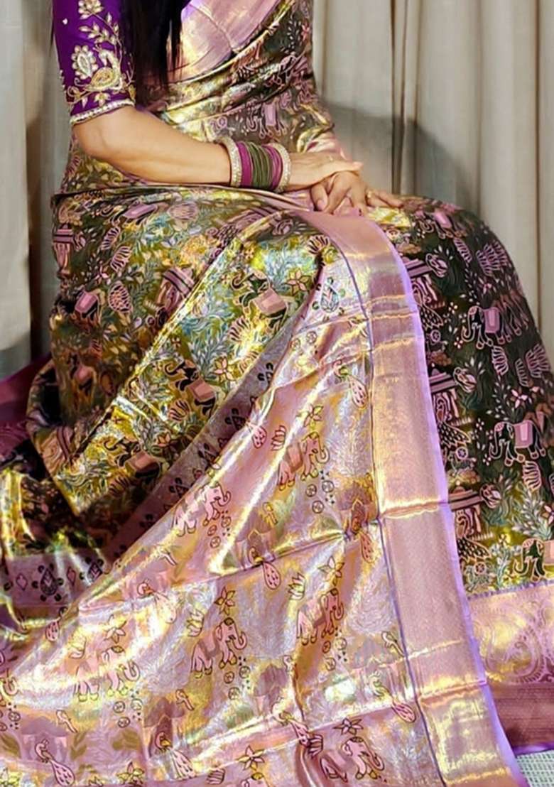 Mehendi Silk Blend Saree Set with Zari Work for Diwali | Wedding & Festive Wear - Indya