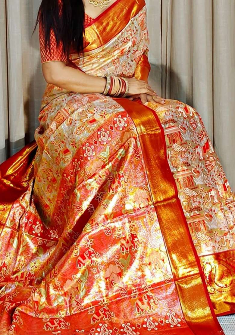 Orange Silk Blend Saree Set with Zari Work for Diwali | Wedding & Festive Wear - Indya