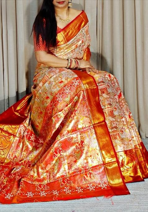 Orange Zari Work Silk Blend Saree Set