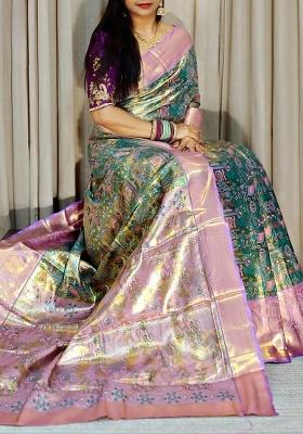 Sky Blue Zari Work Silk Blend Saree Set