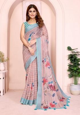 Light Peach Zari Work Silk Blend Saree Set