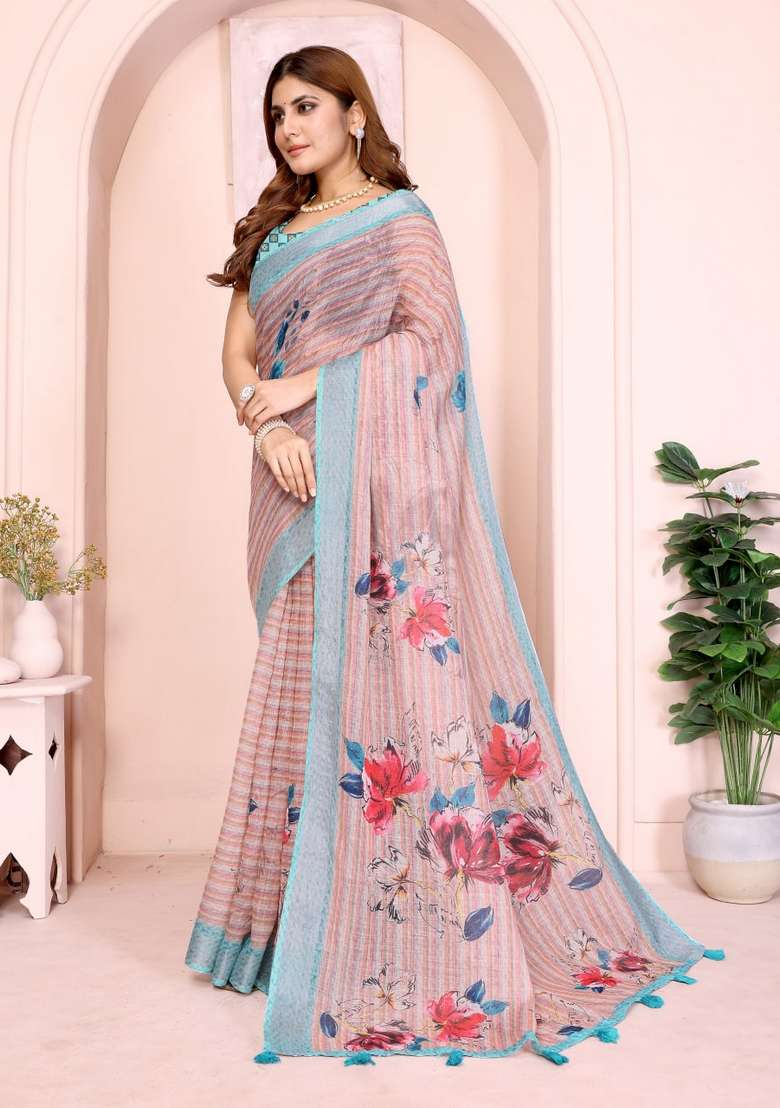 Light Peach Silk Blend Saree Set with Zari Work for Diwali | Wedding & Festive Wear - Indya