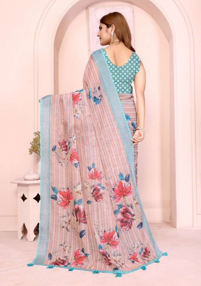 Light Peach Silk Blend Saree Set with Zari Work for Diwali | Wedding & Festive Wear - Indya