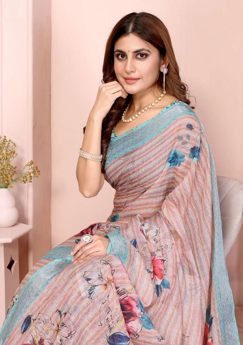 Light Peach Silk Blend Saree Set with Zari Work for Diwali | Wedding & Festive Wear - Indya