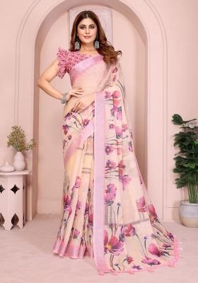 Dark Peach Zari Work Silk Blend Saree Set