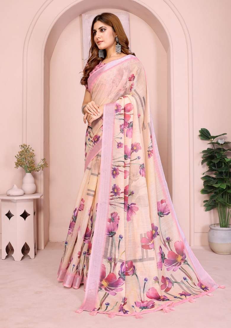 Dark Peach Silk Blend Saree Set with Zari Work for Diwali | Wedding & Festive Wear - Indya