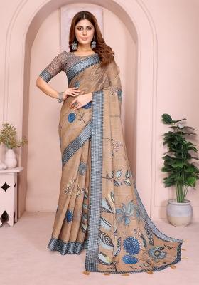 Brown Zari Work Silk Blend Saree Set