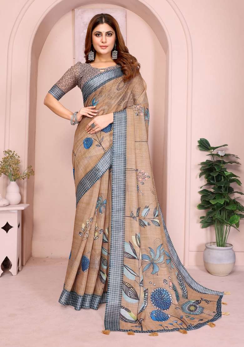 Brown Zari Work Silk Blend Saree Set for Diwali and Festive Wear - Indya