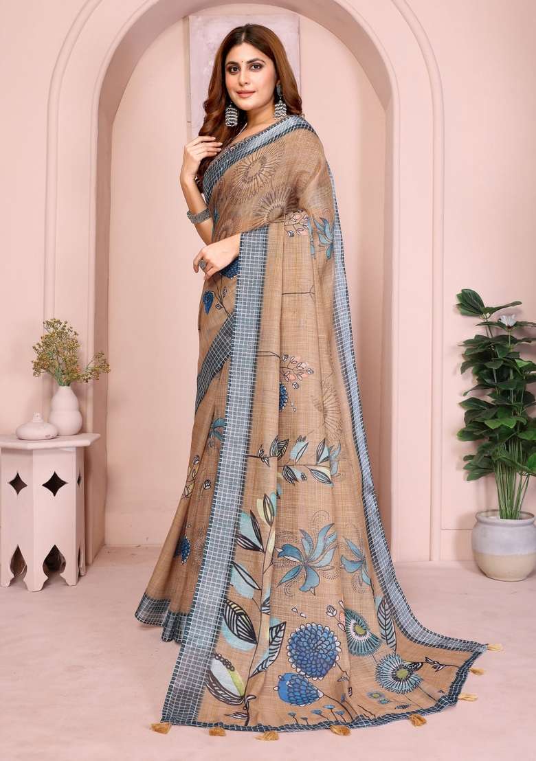 Brown Zari Work Silk Blend Saree Set for Diwali and Festive Wear - Indya