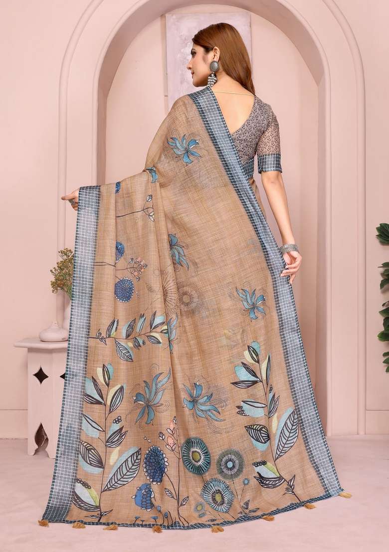 Brown Zari Work Silk Blend Saree Set for Diwali and Festive Wear - Indya