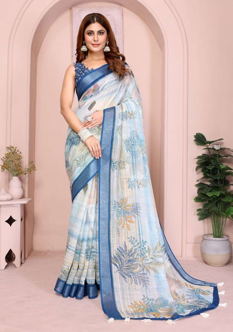 Sky Blue Silk Blend Saree Set with Zari Work for Diwali | Wedding & Festive Wear - Indya