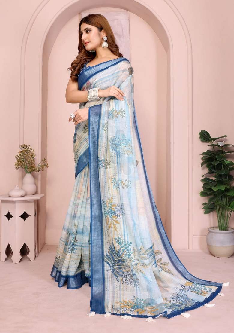 Sky Blue Silk Blend Saree Set with Zari Work for Diwali | Wedding & Festive Wear - Indya