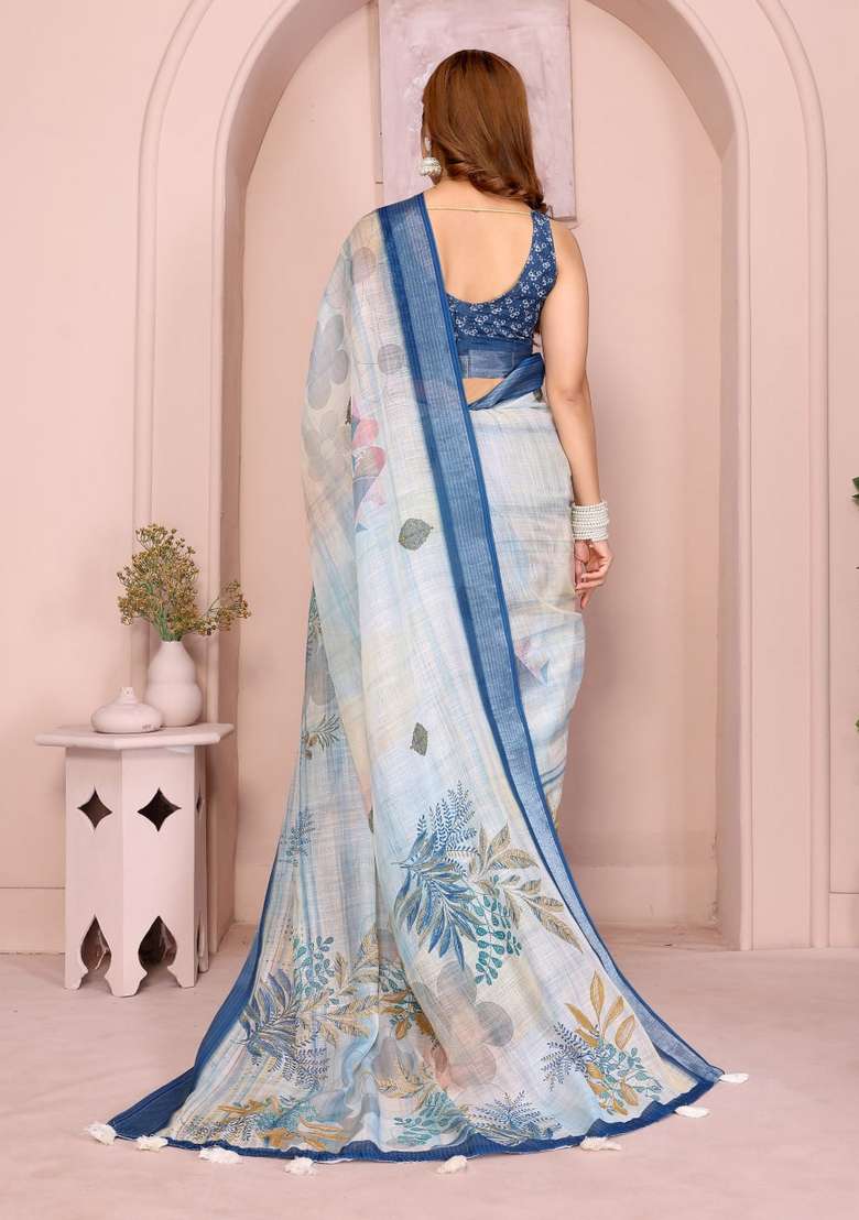 Sky Blue Silk Blend Saree Set with Zari Work for Diwali | Wedding & Festive Wear - Indya