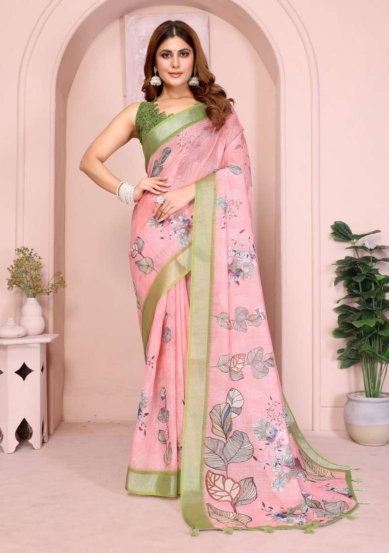Peach Zari Work Silk Blend Saree Set for Diwali and Festive Wear - Indya
