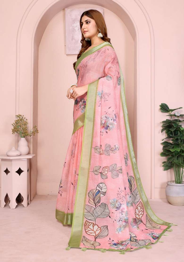 Peach Zari Work Silk Blend Saree Set for Diwali and Festive Wear - Indya