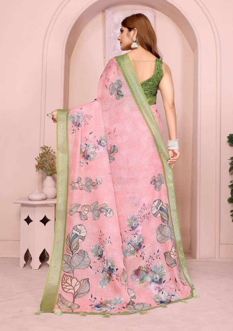 Peach Zari Work Silk Blend Saree Set for Diwali and Festive Wear - Indya