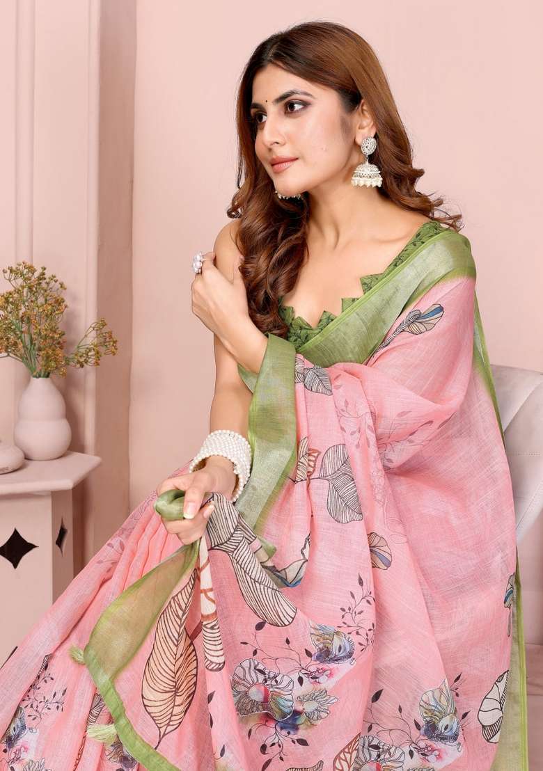 Peach Zari Work Silk Blend Saree Set for Diwali and Festive Wear - Indya