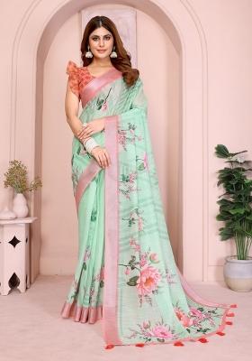 Light Green Zari Work Silk Blend Saree Set