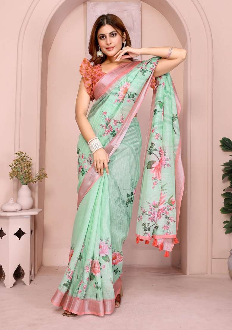 Light Green Silk Blend Saree Set with Zari Work for Diwali | Wedding & Festive Wear - Indya