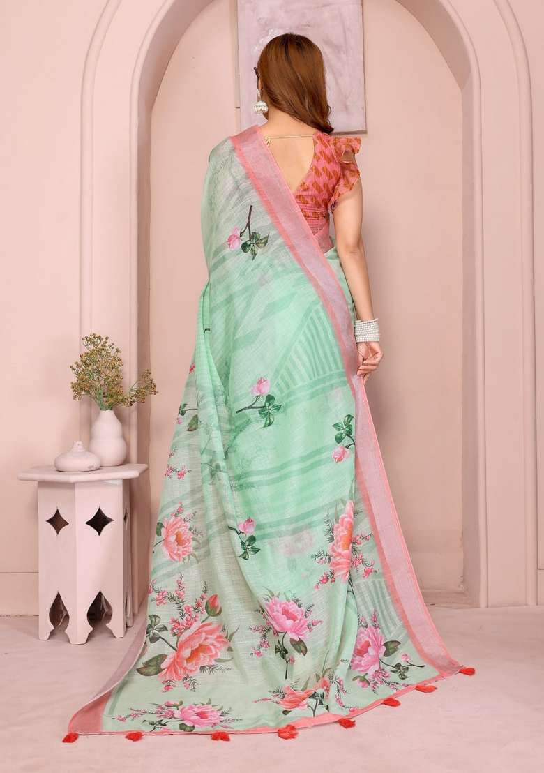 Light Green Silk Blend Saree Set with Zari Work for Diwali | Wedding & Festive Wear - Indya