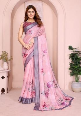 Baby Pink Zari Work Silk Blend Saree Set