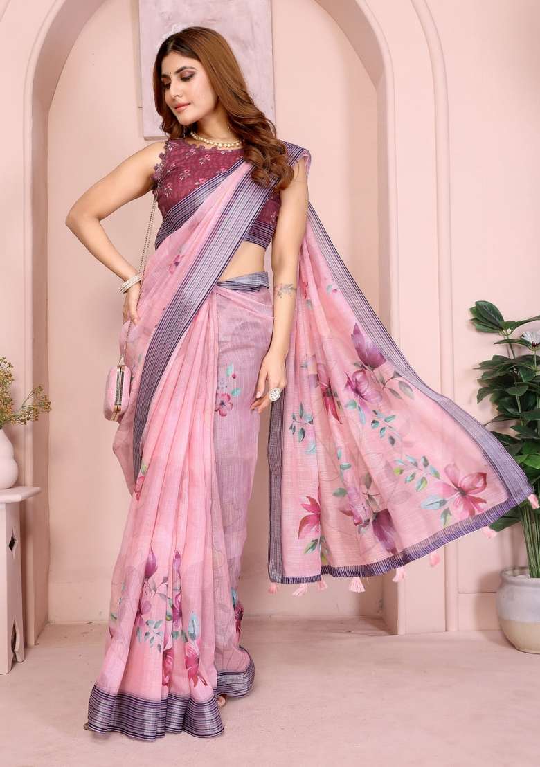 Baby Pink Silk Blend Saree Set with Zari Work for Diwali | Wedding & Festive Wear - Indya