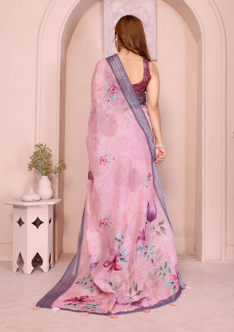 Baby Pink Silk Blend Saree Set with Zari Work for Diwali | Wedding & Festive Wear - Indya