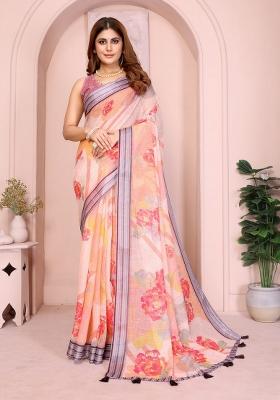 Peach Zari Work Silk Blend Saree Set