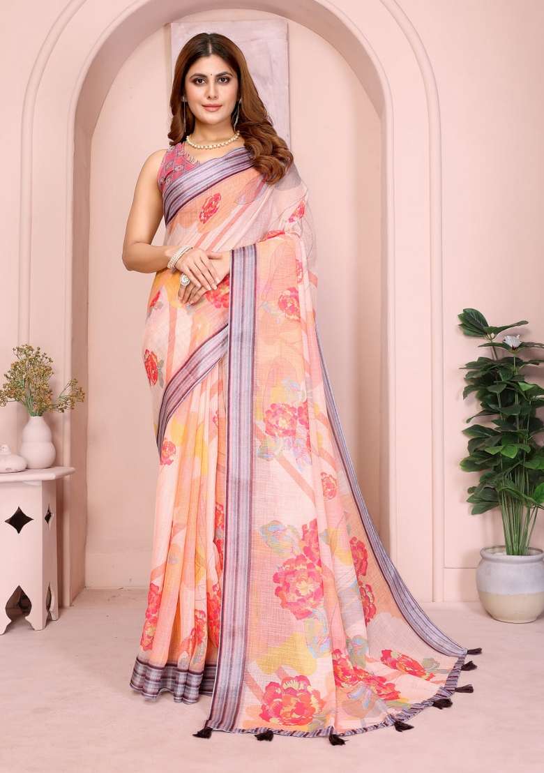 Peach Zari Work Silk Blend Saree Set for Diwali and Festive Wear - Indya