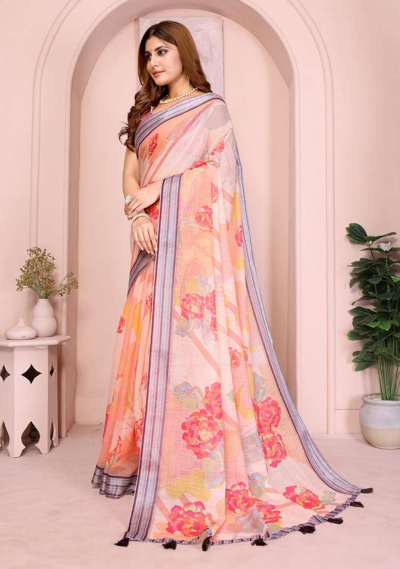 Peach Zari Work Silk Blend Saree Set for Diwali and Festive Wear - Indya