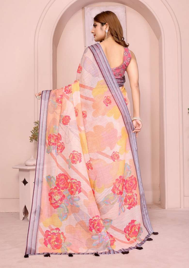 Peach Zari Work Silk Blend Saree Set for Diwali and Festive Wear - Indya