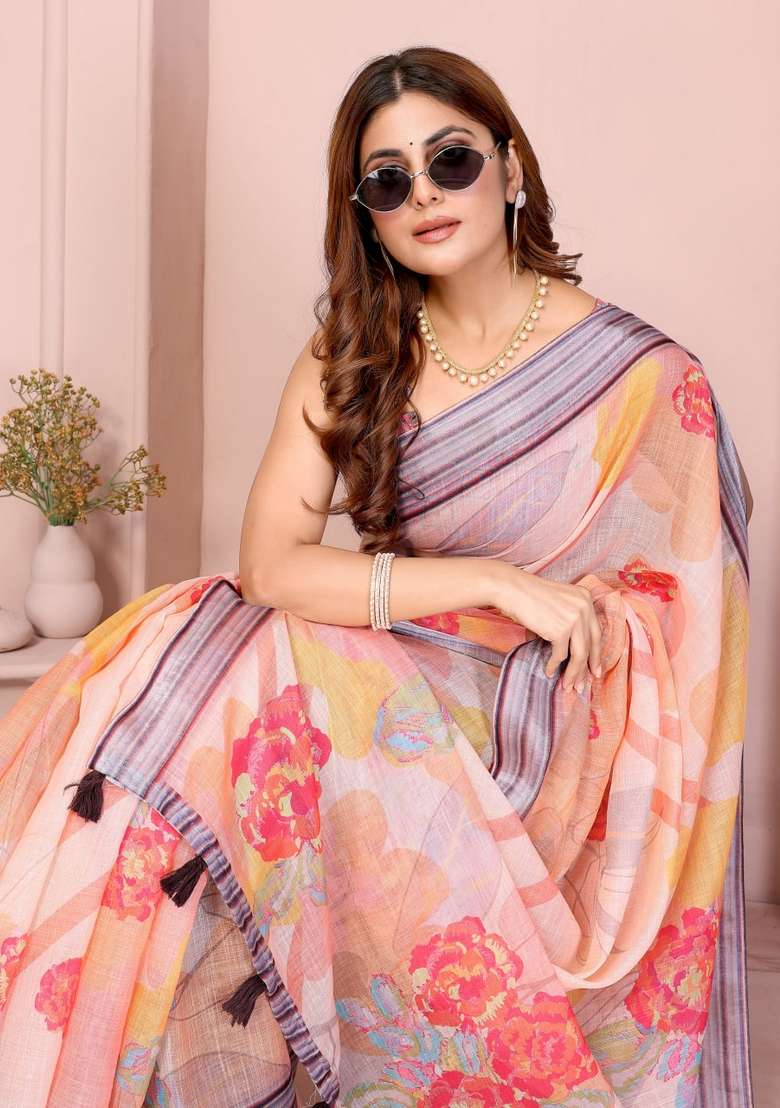 Peach Zari Work Silk Blend Saree Set for Diwali and Festive Wear - Indya