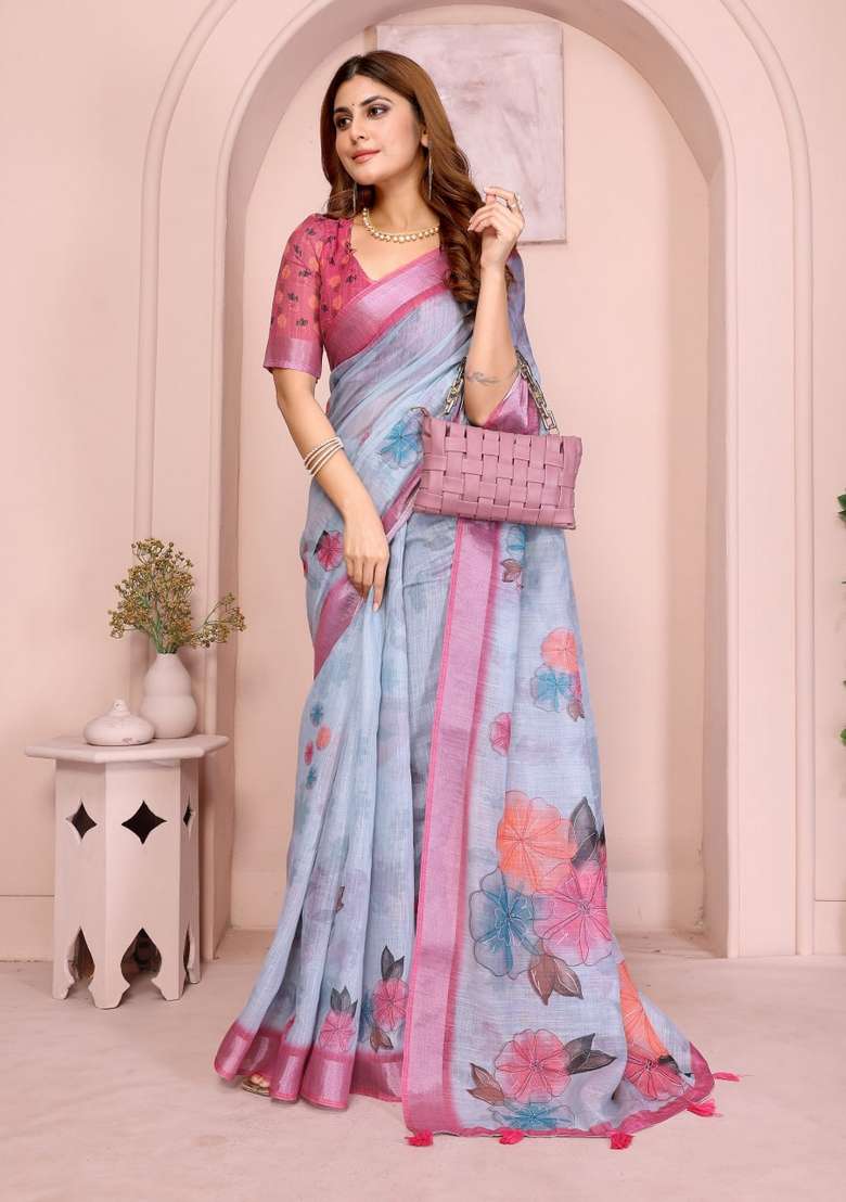 Sky Blue Silk Blend Saree Set with Zari Work for Diwali | Wedding & Festive Wear - Indya